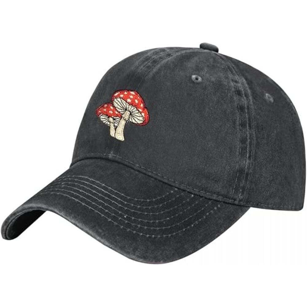 Unisex Black Cotton Mushrooms Embroidered Adjustable Buckle Classic Baseball Cap - Picture 4 of 4